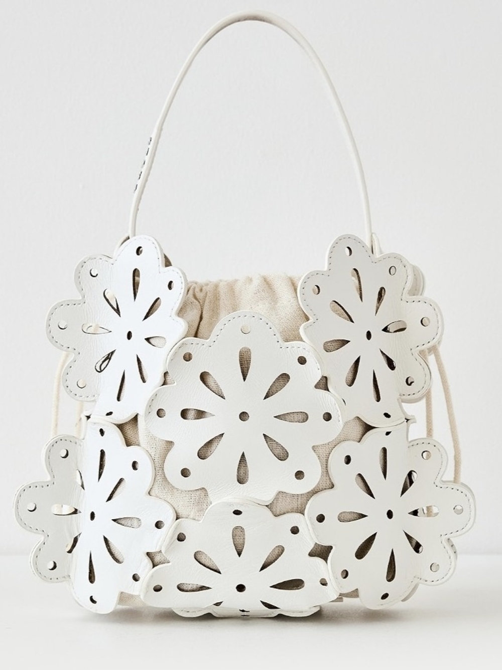 STAUD White Floral Cutout Leather-Trim Basket Bag